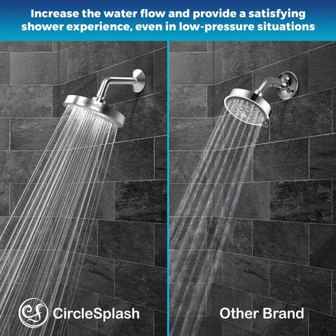 Comparison of High Flow Rain Shower Head With Anti Clog Silicone Nozzles 2.5 GPM and standard shower head in a tiled bathroom