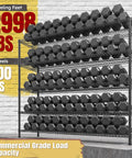 Heavy Duty Garage Shelving Unit With Wheels And Adjustable Feet, Five Tier Steel Wire Storage Rack, 2998 Lb Capacity, 85.7 Inch Tall, Built Tough For Tools And Gear Organization, with dumbbells on shelves