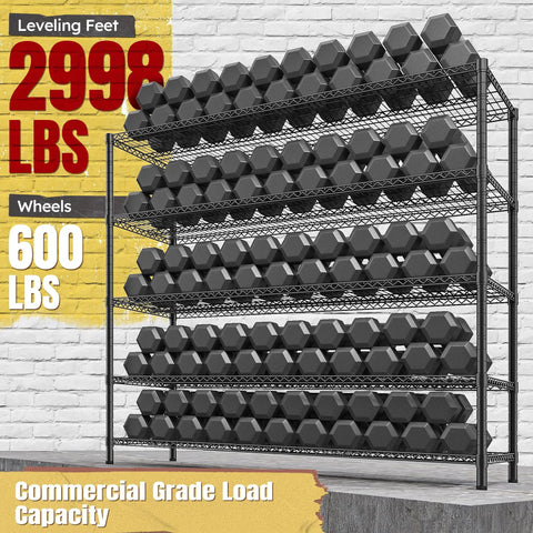 Heavy Duty Garage Shelving Unit With Wheels And Adjustable Feet, Five Tier Steel Wire Storage Rack, 2998 Lb Capacity, 85.7 Inch Tall, Built Tough For Tools And Gear Organization, with dumbbells on shelves