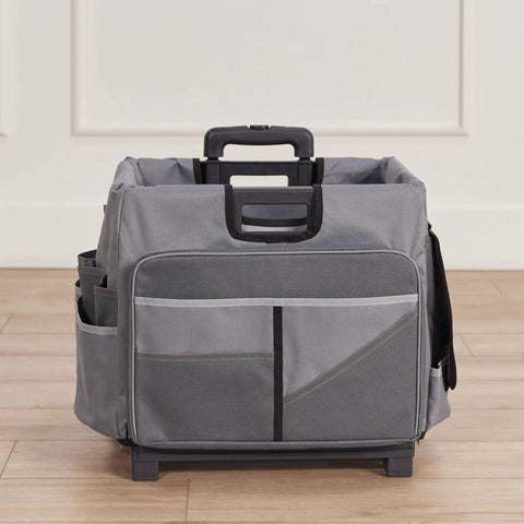 Front view of Universal Rolling Cart With Canvas Organizer Bag For Classrooms And Offices On Wheels Mobile Storage.