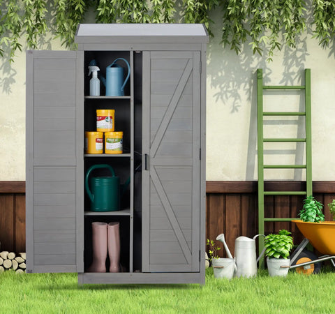Outdoor Cedar Wood Storage Shed With Metal Top Built To Last Tall Vertical Tool Cabinet For Backyard Garden Patio And Lawn Weather Resistant 68 By 33 By 20 Inches Large Capacity For Tools And Gear Grey shown in garden setting