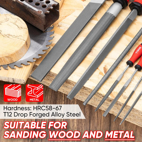 Pro Grade Heavy Duty 17 Piece Metal File Set With T12 Drop Forged Alloy Steel on wood and metal surface