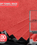 Bulk 100 Pack Microfiber Shop Towels 11.5 By 11.5 Inches Red Lint Free Non Scratch Paint Safe Cleaning Rags For Cars Garage Home And Mechanic Work For Detailing Projects, showcasing red microfiber texture and edgeless design