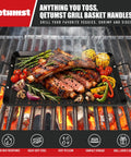 Massive Three Piece Grill Basket Set For Outdoor Grillin showing rectangular veggie pan with meat and vegetables on grill