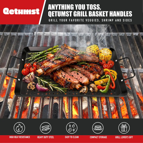 Massive Three Piece Grill Basket Set For Outdoor Grillin showing rectangular veggie pan with meat and vegetables on grill