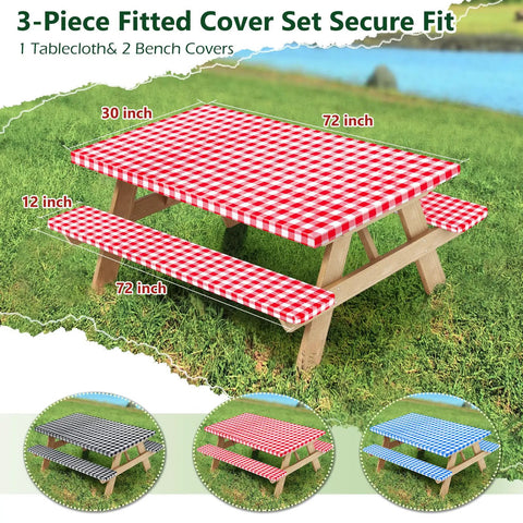Picnic Table Cover With Bench Covers And Bag Red Waterproof Heavy Duty Vinyl 72 By 30 Inches With Elastic Edges 3 Pack