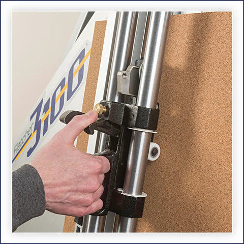Shop Grade Wall Mount Machine Cutter Rig With Five Detachable Heads For Razor Sharp Glass Scoring and Aluminum Trimming Zero Clutter Design That Skips The Finish Work And Spits Out Debris Free Cuts Always, close-up of adjustable clamp in use.