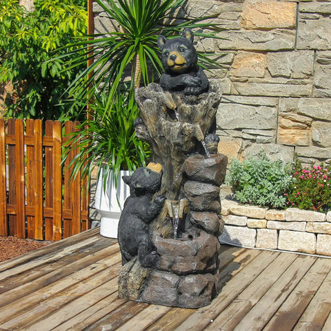 40.16 Inch High Five Tier Outdoor Bear Water Fountain With Two Black Bears Climbing A Tree For Garden Patio Yard Deck Farmhouse Exterior Chill Vibe Relaxation Resin Water Feature