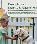 Child and dog near fence with Black Iron Gate Flip Latch 12 Inch Large Heavy Duty Antique Two Sided Flip Locks