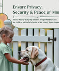 Girl with braided hair interacting with yellow lab in front of a white fence with a latch, ensuring security and privacy.