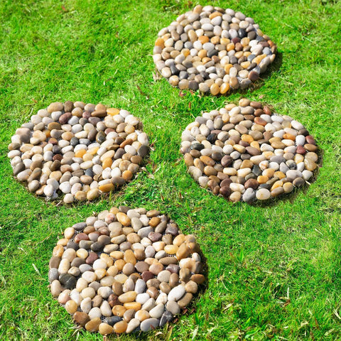 Polished River Rock Stepping Stones For Garden Pathway With Mesh Backing Nine Inch Pebble Paver Mats on lawn