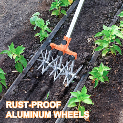 Rotary Cultivator Garden Tiller with Adjustable Stainless Steel Handle in action, rust-proof aluminum wheels, soil aeration in garden.