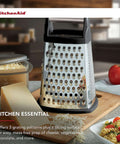 Gourmet 4 Sided Stainless Steel Box Grater With Fine Medium Coarse Grating And Slicing Options, in kitchen setting