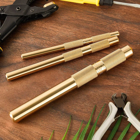 Brass Drift Punch Set, 3 Piece, Three Sizes Three Quarter Inch, One Half Inch, and Three Eighth Inch, Pro Grade on wooden surface