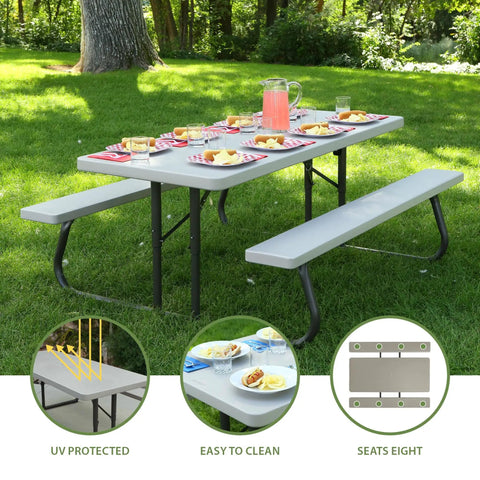 6-Foot Folding Picnic Table for Backyard Use With Eight-Seat Capacity, UV Protected HDPE Top, Powder Coated Steel Frame