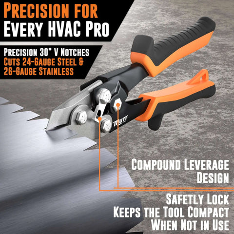 Pro Grade 30 Degree Sheet Metal Notcher For HVAC With Spring Loaded Action, cutting 24 gauge steel and 26 gauge stainless with ergonomic handles.