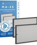 MA-35 Genuine Replacement Filter For Air Purifier 3 In 1 With Pre Filter True HEPA H13 Activated Carbon For 99.9 Percent Odor Smoke Dust Pet Dander Removal 2 Pack packaging and filters.