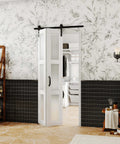 3 Lite Glass Bi Fold Barn Doors, 30 By 84 Inch Slab With 2.83 Ft Sliding Hardware Kit installed in bathroom, solid MDF.
