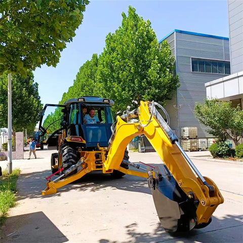 Towable Mini Digger For Demolition Tasks And Farm Projects, Compact Excavator on street with hydraulic system and attachments.