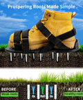 Heavy Duty Lawn Aerator Shoes With Stainless Steel Shovel Included Adjustable Fit For Men And Women shown on grass with root diagram