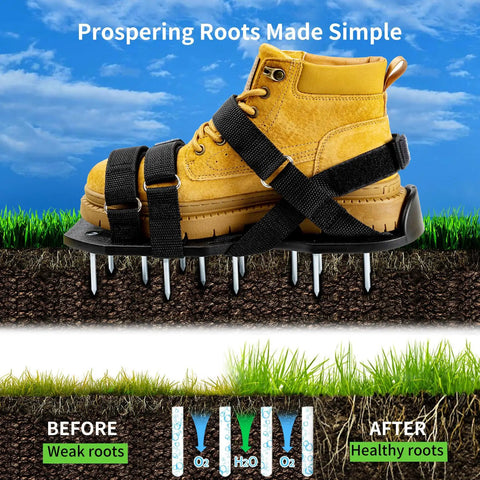 Heavy Duty Lawn Aerator Shoes With Stainless Steel Shovel Included Adjustable Fit For Men And Women shown on grass with root diagram