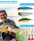Man holding fish with All In One Fishing Lure Kit With 137 Piece Tackle Box Included Crankbaits in background