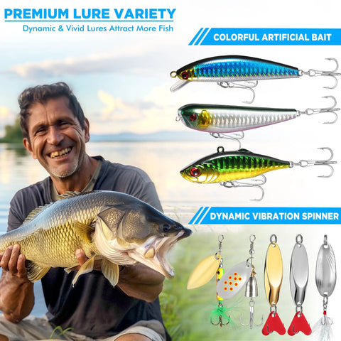 Man holding fish with All In One Fishing Lure Kit With 137 Piece Tackle Box Included Crankbaits in background
