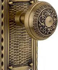 Craftsman Style Door Plate With Egg And Dart Knob Privacy Lock Set In Antique Brass For Two And Three Eighths Backset Fits One And Three Eighths