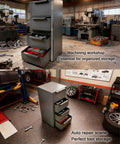 Tool Box Side Cabinet With Lock, Welded Steel Storage Cabinet For Garage Or Workshop, shown in a machinery and auto repair setting.