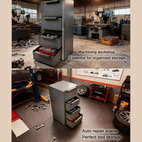 Tool Box Side Cabinet With Lock, Welded Steel Storage Cabinet For Garage Or Workshop, shown in a machinery and auto repair setting.