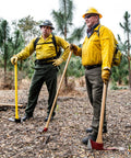 Two firefighters with Pulaski Style Wildfire Axe With 3.75 Lb Forged Steel Head And 36 Inch Hickory Handle, US Made in forest