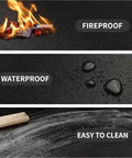 Round Fire Pit Mat For Outdoor Hangouts, Fireproof, Waterproof Spark Shield, Easy to Clean, with fire, water drops, and scrub brush.