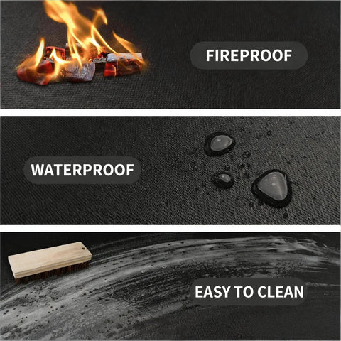 Round Fire Pit Mat For Outdoor Hangouts, Fireproof, Waterproof Spark Shield, Easy to Clean, with fire, water drops, and scrub brush.
