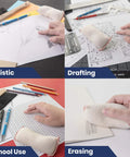 Large Dry Cleaning Pads For Drafting Art Architecture And Graphite Erasers For Smudge Free Drawings Pro Grade Tools Ideal For Architects And Artists Needing Clean Lines And Precise Corrections, shown in artistic, drafting, school use, and erasing applications.