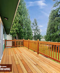 Wooden deck with forest view, featuring fencing with Heavy Duty Stainless Steel Railing Connectors With Screws 304 Grade Horizontal Brackets.
