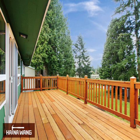 Wooden deck with forest view, featuring fencing with Heavy Duty Stainless Steel Railing Connectors With Screws 304 Grade Horizontal Brackets.