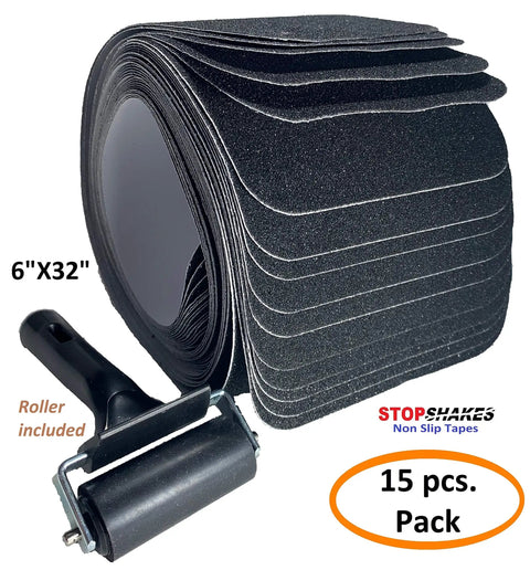 Self Adhesive Non Slip Stair Tread Tape 15 Pack Pre Cut 32 By 6 Inch Black Stair Step Strips Anti Slip Traction Tape For Wet Floors Slippery Stairs Easy Install Durable Grippy Safety Tape with roller
