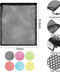 12 Pack Tough Nylon Mesh Drawstring Bags 13 By 15.5 Inches With Cord Lock Closure For Travel Gear Sports Toys And Laundry Sorting In Six Colors, black bag with dimensions and features shown