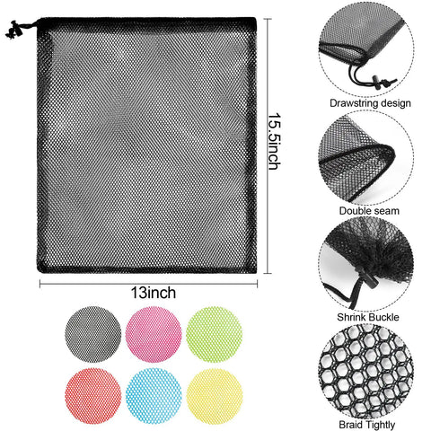 12 Pack Tough Nylon Mesh Drawstring Bags 13 By 15.5 Inches With Cord Lock Closure For Travel Gear Sports Toys And Laundry Sorting In Six Colors, black bag with dimensions and features shown