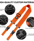 SnapLock Pro Guitar Strap with Quick Release Buckle and Screw Fasten Ends, orange material close-up, adjusting buckle, pick holder visible.