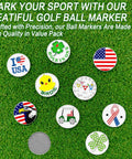 Golf Ball Markers With Hat Clip Set on grass, featuring American Flag design and assorted patterns, durable iron divot tools.