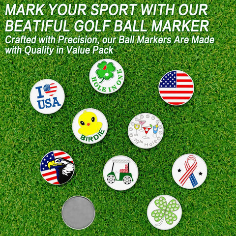 Golf Ball Markers With Hat Clip Set on grass, featuring American Flag design and assorted patterns, durable iron divot tools.