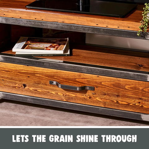 Premium Water Based Wood Stain Dark Pine Shade on a wooden coffee table with drawer and magazines for a clean look.