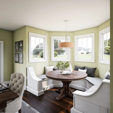 Bulletin 3 Light Pendant With Cork Shade In Brushed Steel Finish over dining table in bright corner room