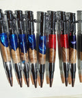 Bolt Action Pen Set With Chrome Rifle Clip Chrome Birch Burl Wood And Red Resin Composite Ballpoint Pen Built From Stabilized Woods