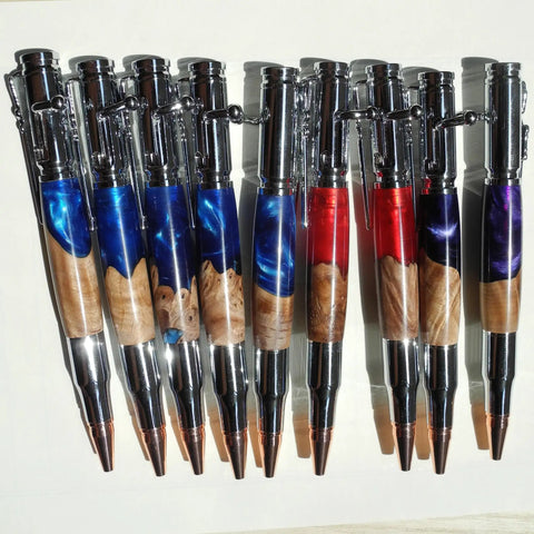 Bolt Action Pen Set With Chrome Rifle Clip Chrome Birch Burl Wood And Red Resin Composite Ballpoint Pen Built From Stabilized Woods