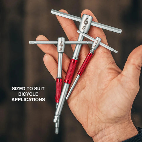 Hand holding Modular T Handle Hex And Torx Wrench Set With 10 Tools In A Portable Space Saving Roll for bike maintenance