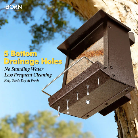 Weatherproof Metal Wall Mounted Bird Feeder With Heavy Duty Roof And Detachable Easy Clean System installed on a tree