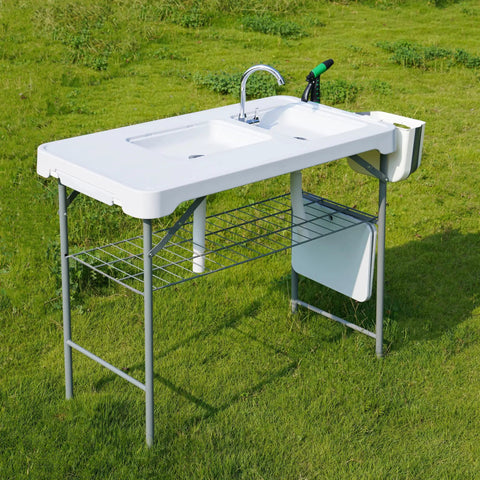 Dual Sink Fish Cleaning Table For Camping And Picnics, 42.5 Inch Portable Folding Fish Station With Foldable Faucet, outdoor setting