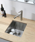 15x17 Inch Stainless Steel Bar Sink Undermount For RV And Wet Bar Use, brushed nickel finish, integrated in wooden countertop